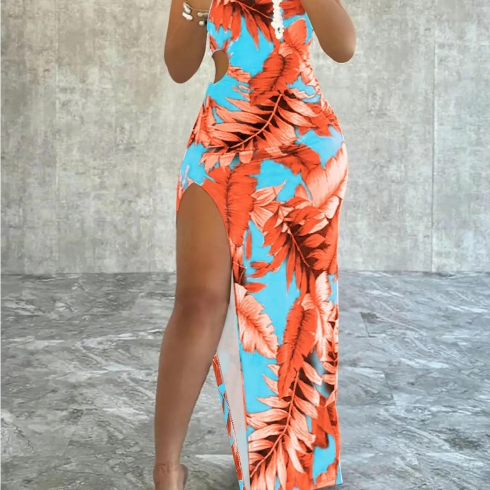 Tropical Print Cutout Maxi Dress